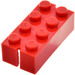 LEGO Red Slotted Brick 2 x 4 without Bottom Tubes, with 2 opposite slots