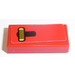 LEGO Red Tile 1 x 2 with Handle, Yellow Background Sticker with Groove (3069)