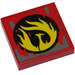 LEGO Red Tile 2 x 2 with Yellow Phoenix Flames in Black Circle and Dark Bluish Gray Splatter Sticker with Groove (3068)