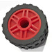 LEGO Red Wheel Rim Ø18 x 14 with Pin Hole with Tire 24 x 14 Shallow Tread (Tread Small Hub) with Band around Center of Tread