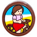 LEGO Reddish Brown Tile 2 x 2 Round with Picture of a Woman on a Bicycle (Ellie) Sticker with Bottom Stud Holder (14769)