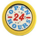 LEGO Tegel 2 x 2 Rond met &#039;OPEN 24 HOURS&#039; Sticker met noppenhouder aan de onderzijde (14769)