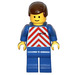 LEGO Train Worker with White and Red Safety Vest Pattern, Blue Legs, Brown Male Hair Minifigure