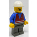 LEGO Train Yard Worker with Red Vest, Blue Shirt with Zipper, Dark Gray Legs, Pointed Mustache, and Construction Helmet Minifigure