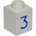LEGO Weiß Backstein 1 x 1 mit Blau &quot;3&quot; (3005)