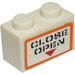 LEGO White Brick 1 x 2 with Black &#039;CLOSE&#039;, &#039;OPEN&#039; and Red Triangle Sticker with Bottom Tube (3004)