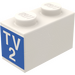LEGO White Brick 1 x 2 with &quot;TV 2&quot; Stickers from Set 664-1 with Bottom Tube (3004)