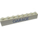 LEGO White Brick 1 x 8 with Blue &quot;GARAGE&quot; without Bottom Tubes with Cross Support