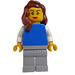 LEGO Vrouw, Vlak Blauw Torso met Wit Armen, Reddish Bruin Haar Minifiguur