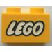LEGO Geel Steen 1 x 2 met Lego logo met gesloten &#039;O&#039; met buis aan de onderzijde (3004)