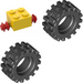 LEGO Geel Klein Band met Offset Loopvlak (zonder Band Around Midden of Loopvlak) met Steen 2 x 2 met Rood Single Wielen