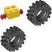 LEGO Yellow Small Tire with Offset Tread (without Band Around Center of Tread) with Brick 2 x 2 with Red Single Wheels