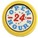 LEGO Jaune Tuile 2 x 2 Rond avec &#039;OPEN 24 HOURS&#039; Autocollant avec porte-goujon inférieur (14769)