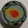 LEGO Light Gray Tile 2 x 2 Round with Red/Yellow Fireball and Sectioned Sand Green and Black Border with &quot;X&quot; Bottom (4150)