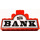 LEGO Red Black &#039;BANK&#039; and Dollar Sign on White Background Sticker over Assembly